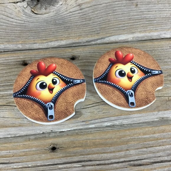 Chicken Peek-a-Boo Zipper Car Coasters Set of 2 - Picture 2 of 6